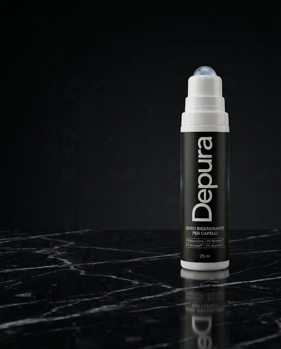 Depura roll-on scalp serum on a dark marble surface